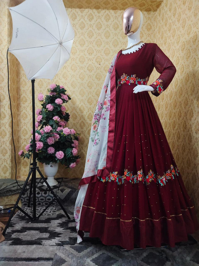 Gorgeous Maroon Color Georgette With Sequence Work Party Wear Gown